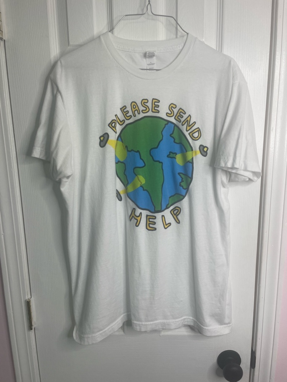 Please Send Help Graphic Tee - White with Green & Blue Earth. Very cool